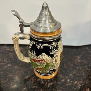 Vintage German Beer‎ Stein Munich Marienplatz Pewter Lid Ceramic Handarbeit